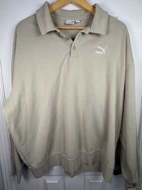 Puma Light Beige Green Polo Sweatshirt Men's XL 100% Cotton Casual Golf